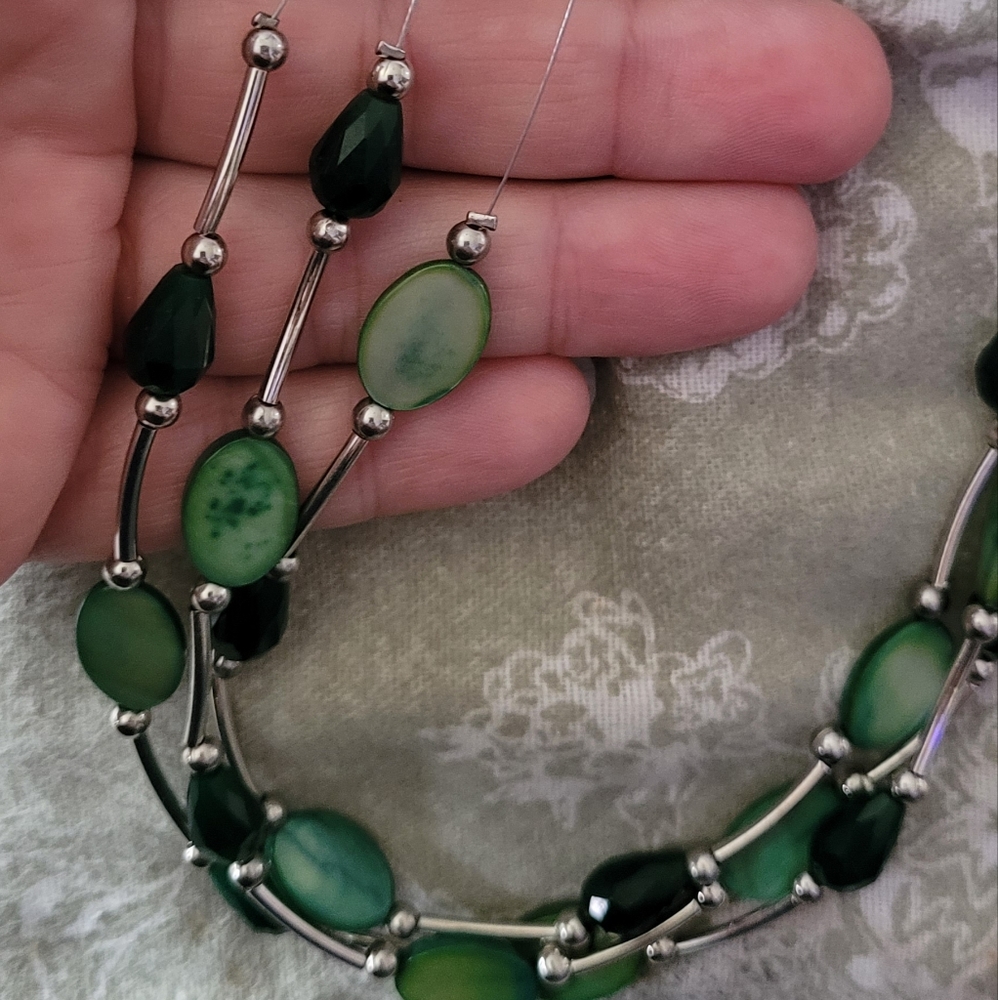 Green and silver multi layer necklace